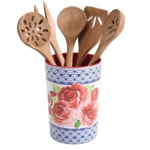 pioneer woman heritage floral wood kitchen gadget and crock set 6 pc new